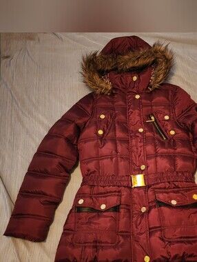Women's RocaWear Quilted Hooded Puffer Coat with Faux-Fur Trim - Maroon- Sz M